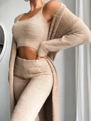 LW Three Piece Sexy Fluffy Outfits Cami + trousers + coat Three Piece Set Women Sweater Set Casual Homewear Outfits Home Suit