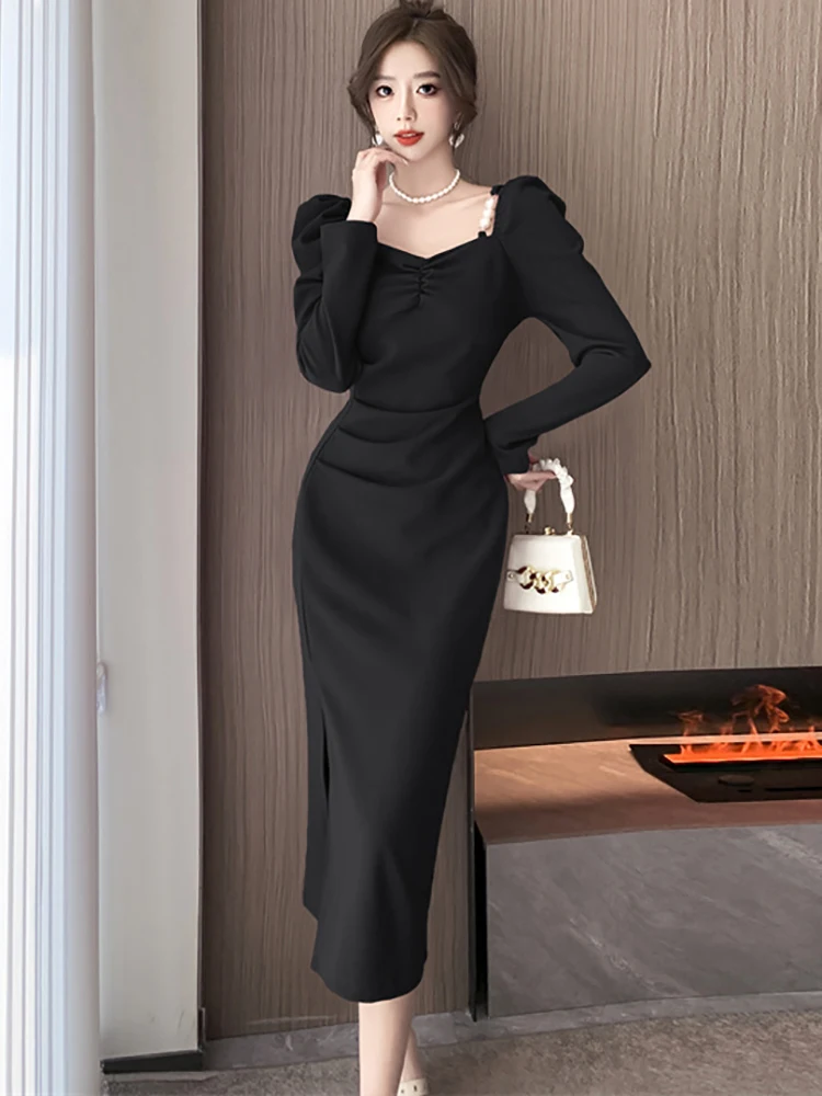 Autumn Winter Black Square Collar Chic Beading Sling Dress Women Elegant and Pretty Dress Gown 2024 Korean Bodycon Evening Dress