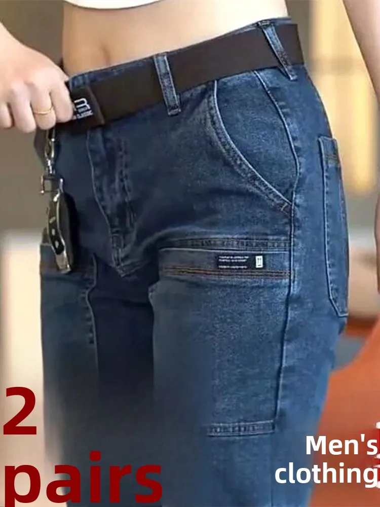 Jeans in denim a gamba dritta slim fit da uomo Pantaloni leggeri autunnali antiscottatura con contenuti multipli Youthfu...