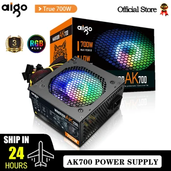 Aigo AK 700W PC PSU 전원 공급 장치, BTC용 데스크탑 컴퓨터 전원 공급 장치, 게임용 저소음 블랙 RGB 선풍기, 24 핀, 12V ATX, 120mm