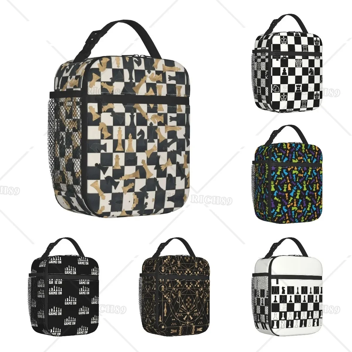 

Chess Figures Pattern Leather and Gold Texture Insulated Lunch Bag for Work School Chessboard Thermal Cooler Lunch Box Women