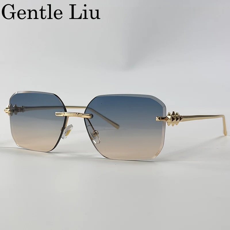 Rimless Polygon Sunglasses Men 2026 Luxury Brand Vintage Punk Rectangle Frameless Cut Edge Gradient Eyewear Y2K Steampunk Shades