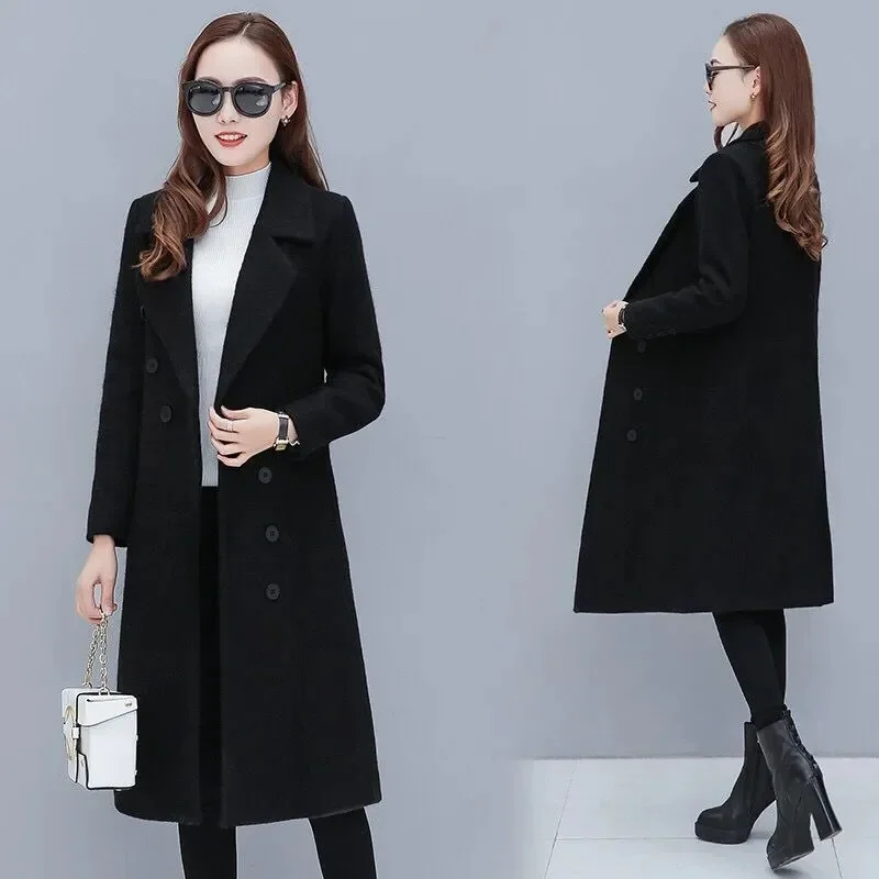 

Fashion Solid Color Autumn and Winter Loose Warm Lapel Woolen Coat Women's Long Simple Long Sleeve Ladies Woolen Coat Long Q54