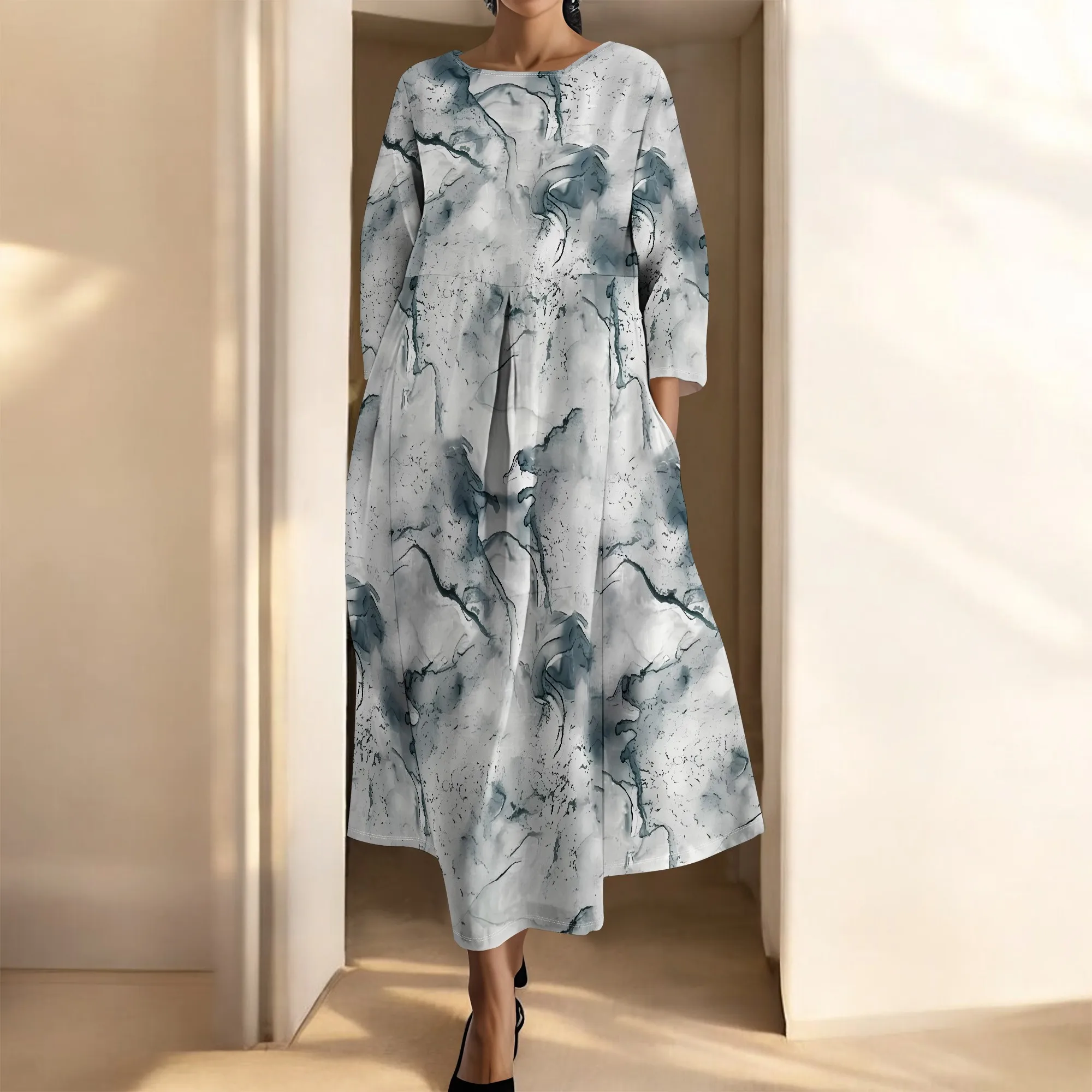 

EQQZD Standard Size Dress with Pockets, 3/4 Sleeve Crew-Neck, Abstract Pattern Print Midi Dress for Women