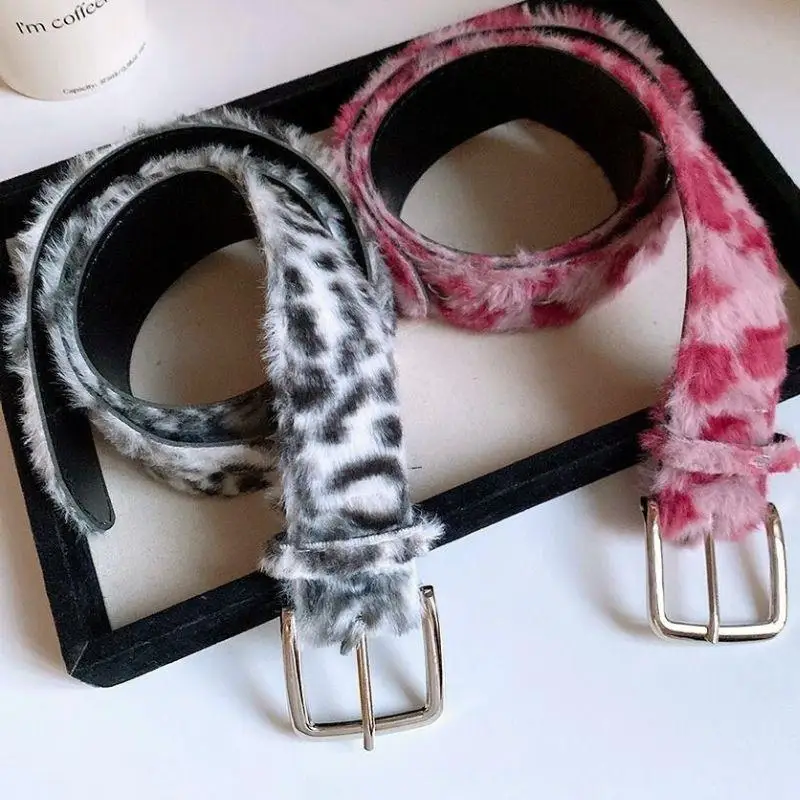 الرجعية الوردي ليوبارد طباعة فو الفراء حزام Y2k رقيق حزام للنساء حزام واسع حار الفتيات الشارع الخصر فاسق حزام خصر #6