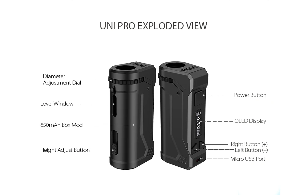 Pochodzenie Yocan Uni Pro bateria 650mAh napięcie/średnica Ajustable Vape Box Mod do 510 gwintów koncentratów grubych wkłady olejowe zestaw