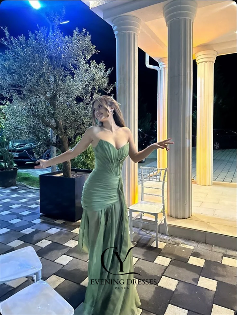 CUYUN Customize Olive Green Women Formal Evening Dresses A Line Pleated Strapless Chiffon Party Dress Banquet Long Prom Dress