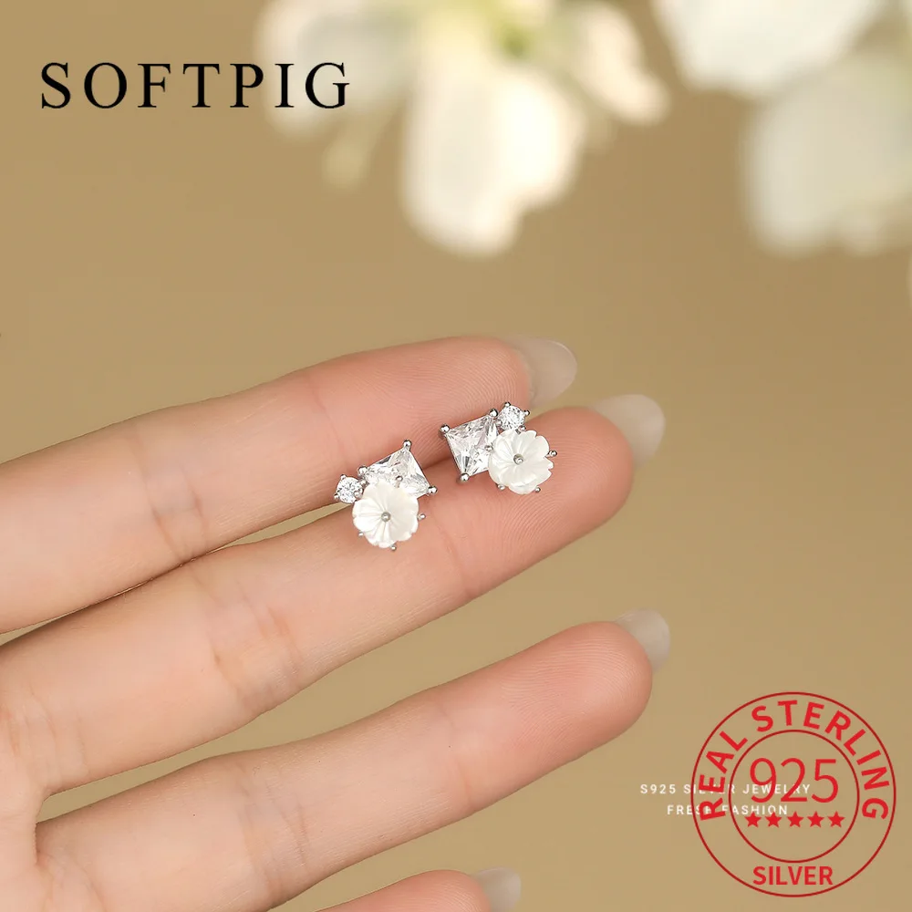 

SOFTPIG Real 925 Sterling Silver Shell Flower Square Zircon Stud Earrings For Women Classic Fine Jewelry Minimalist Accessories