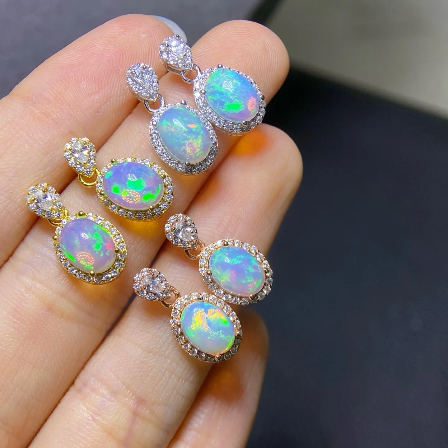 

50 pairs/S925 silver natural opal stone earrings oval inlaid crystal earrings sweet jewelry for women wholesale