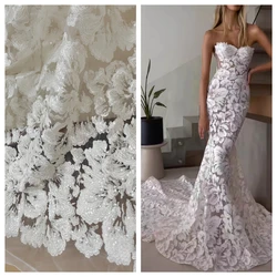 New Off White Big Flower Fashion Design Handmade Embroidery Net Lace Fabric Sequins High Quality Fabric for Party Evening Dress