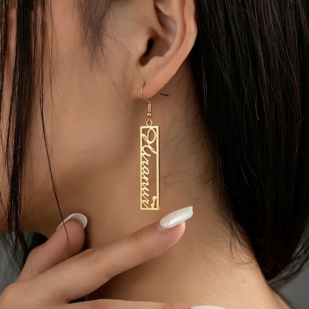 

Custom Name Dangle Earrings Personalized Rectangle Earrings Stainless Steel Plated Drop Earrings For Women Jewelry Gift Studs