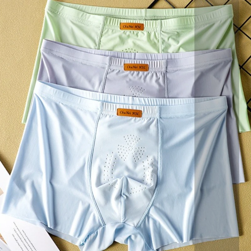 Men's Underwear Solid Color Elastic Ice Silk Boxers Large Size Breathable Mesh U Convex Pouch Panties Bikini Slip Calzoncillos