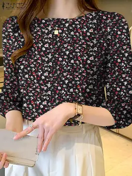 ZANZEA Herbst Elegante Party Bluse Bohemian Floral Gedruckt Chemise Frau 3/4 Hülse O Neck Shirt Casual Strand Tunika Tops 2023