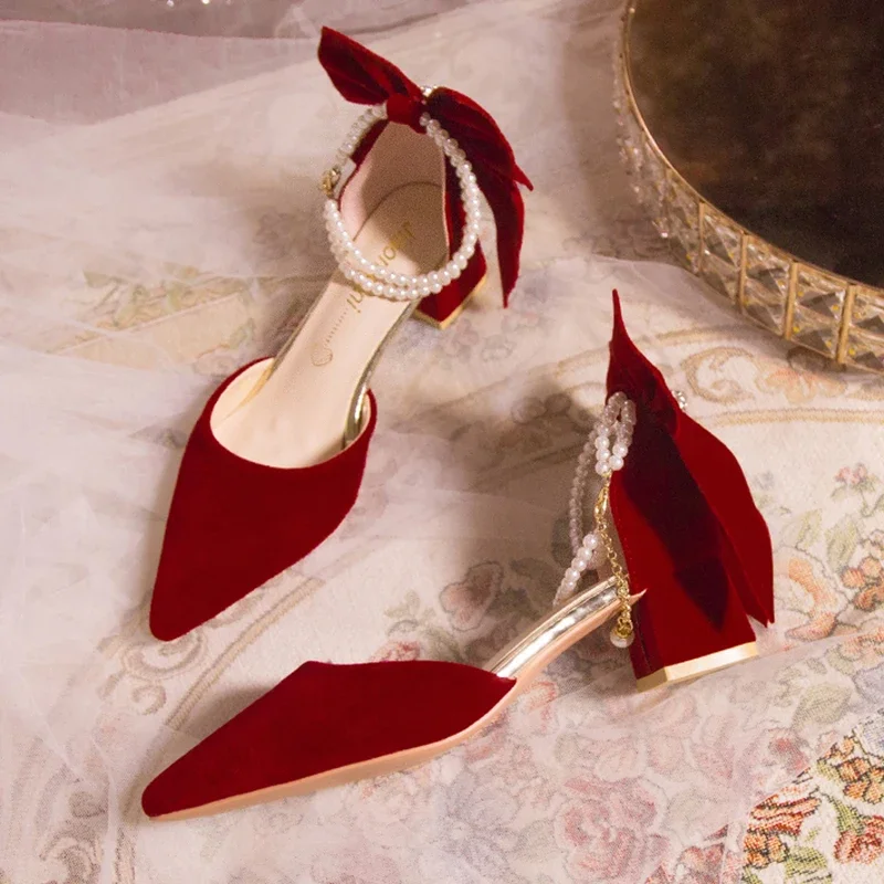 Luxury Pearl Chain Burgundy Red Suede Pumps Women Summer 2026 Elegant Red Velvet Bowknot Party Shoes Woman Chinese Wedding Shoes