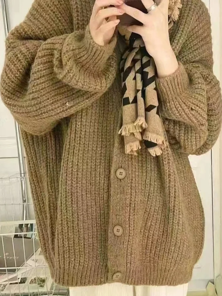 Weiche Reine Farbe Strickwaren Strickjacke frauen Lose Fit Herbst Winter Warme V-Ne Lange Sve Fufu Pullover Koreanische Sle top