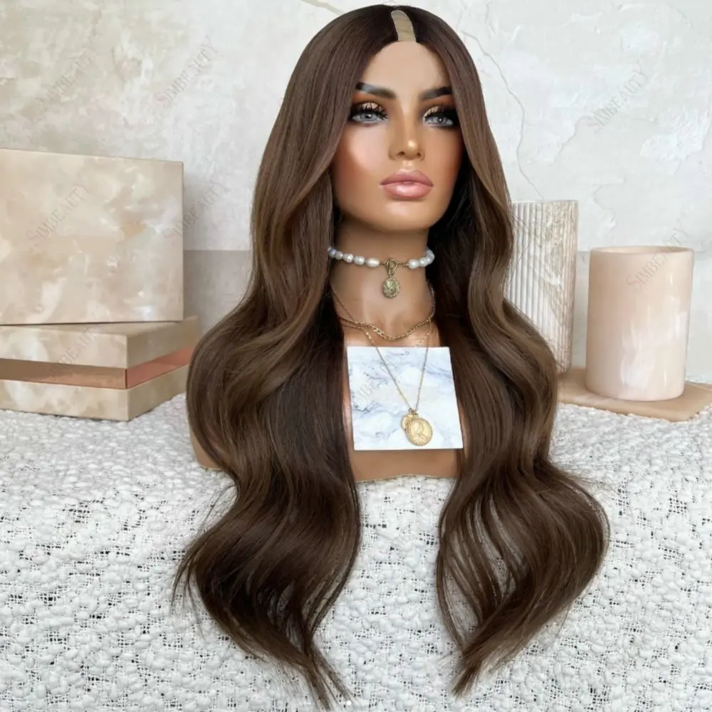 Cool Brown1x4Size U-Part-Perücken aus Echthaar für Damen, lockere Wellen, verstellbar, klebefrei, Clip-in, V-Part, vollständig maschinell gefertigte Perücke für den täglichen Gebrauch – Detail 1