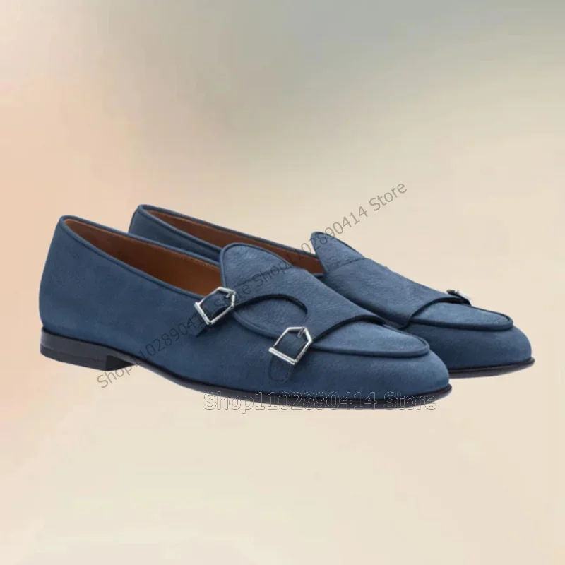 

Blue Beige Buckle Decor Double Monk Men Loafers Fashion Slip On Male Shoes Luxury Handmade Party Feast Office Men Casual Shoes