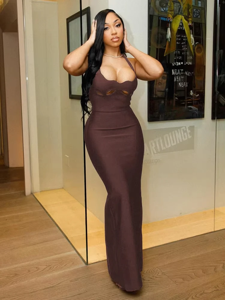 2025 frauen Sexy Halter Cut Out Schwarz Rot Braun Maxi Lange Sommer Bodycon Verband Kleid Elegante Abend Club Party Kleid