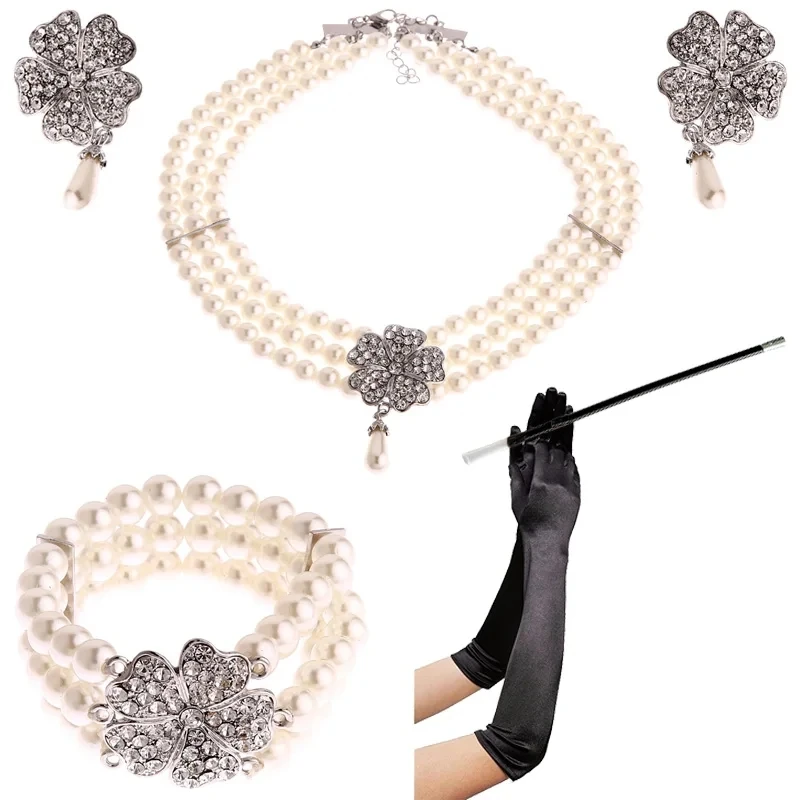 1920er Jahre Kostüm Frauen Modeschmuck Gatsby Cosplay Zubehör Set Perlenkette Ohrring Handschuh Zigaretten spitze Audrey Hepburn