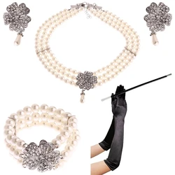 1950s Costume Women Fashion Jewelry Gatsby Cosplay Accessory Set Pearl Necklace Earring Glove Cigarette Holder Audrey Hepburn