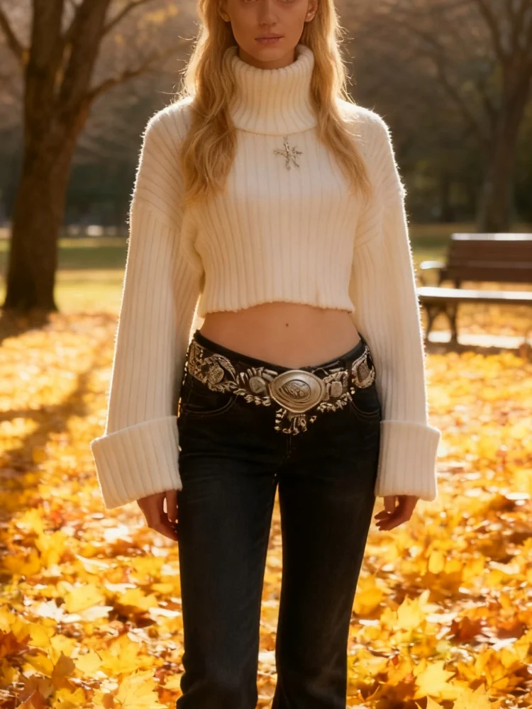 Y2k maglione dolcevita a righe grigio chiaro da donna slim fit accogliente maglieria a maniche lunghe