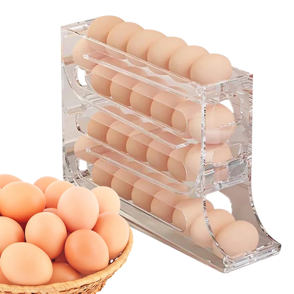 4 Layer Rolling Egg Dispenser Space Saving 30 Egg Container Automatic Egg Roller Egg Storage Box for Refrigerator Kichen Cabinet