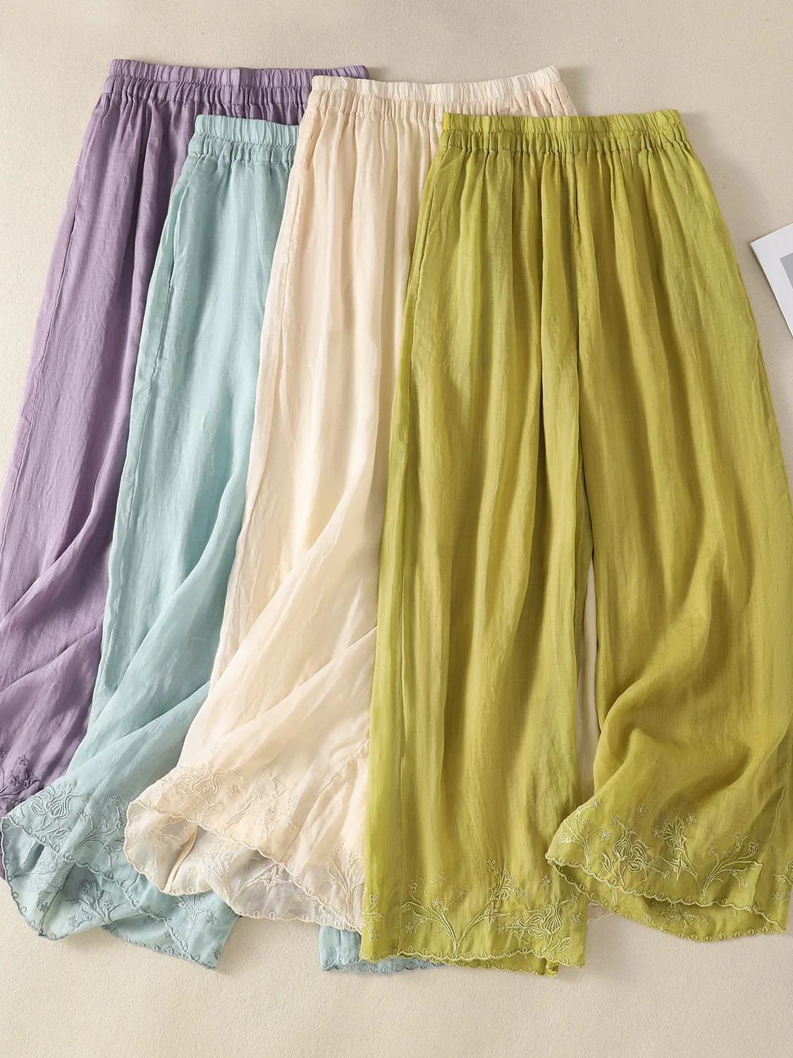 

Ele Широкие брюки из конопли с высокой талией и вышивкой, женские легкие летние повседневные брюки свободного покроя прямого кроя