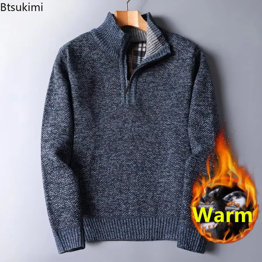 New 2026 Men's Winter Thicken Plush Knitted Sweaters Fashion Stand Collar Half Zipper Warm Pullover Male Business Casual Sweater