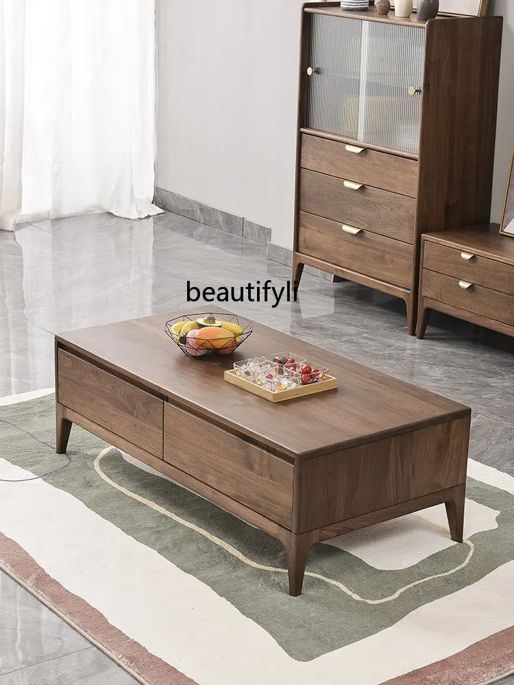 North America Black Walnut Wooden Tea Table Solid Wood Tea Table Log Rectangular Storage Nordic Furniture