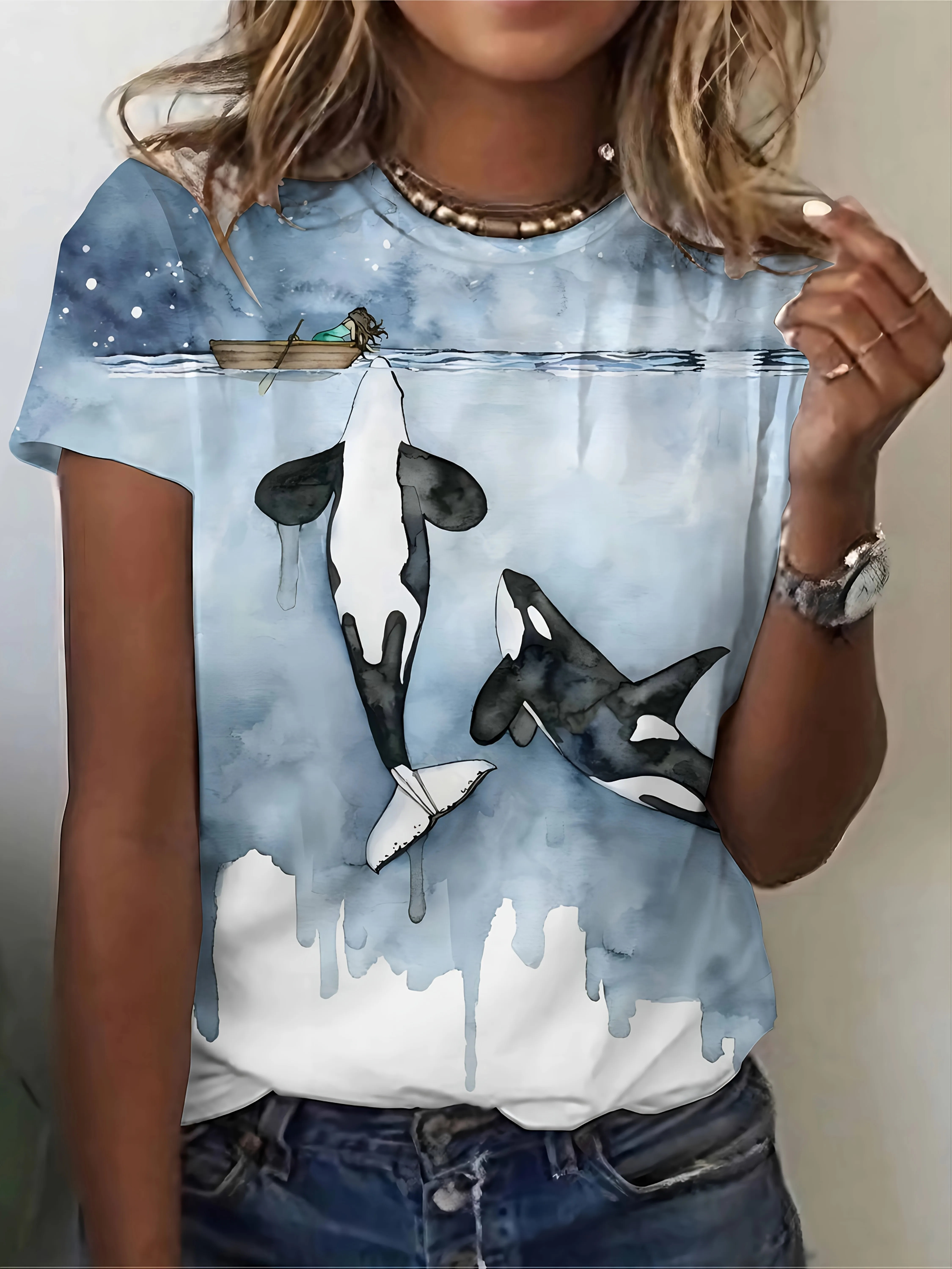 Women Crew Neck Short Sleeve T‑Shirt, Watercolor Orca Killer Whale Ocean Sea View Boat Graphic Casual Summer Tee