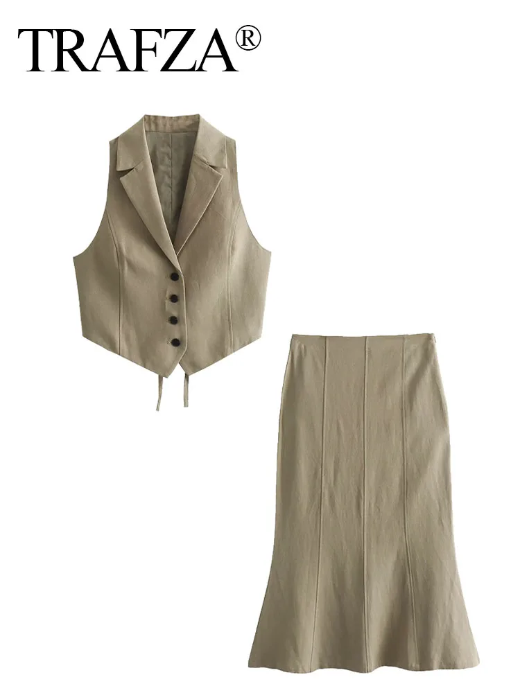 

TRAFZA Female Summer Suit Solid Turn-Down Collar Sleeveles Lace-Up Single Breasted Waistcoats+High Waist Zipper Skirt Woman Sets