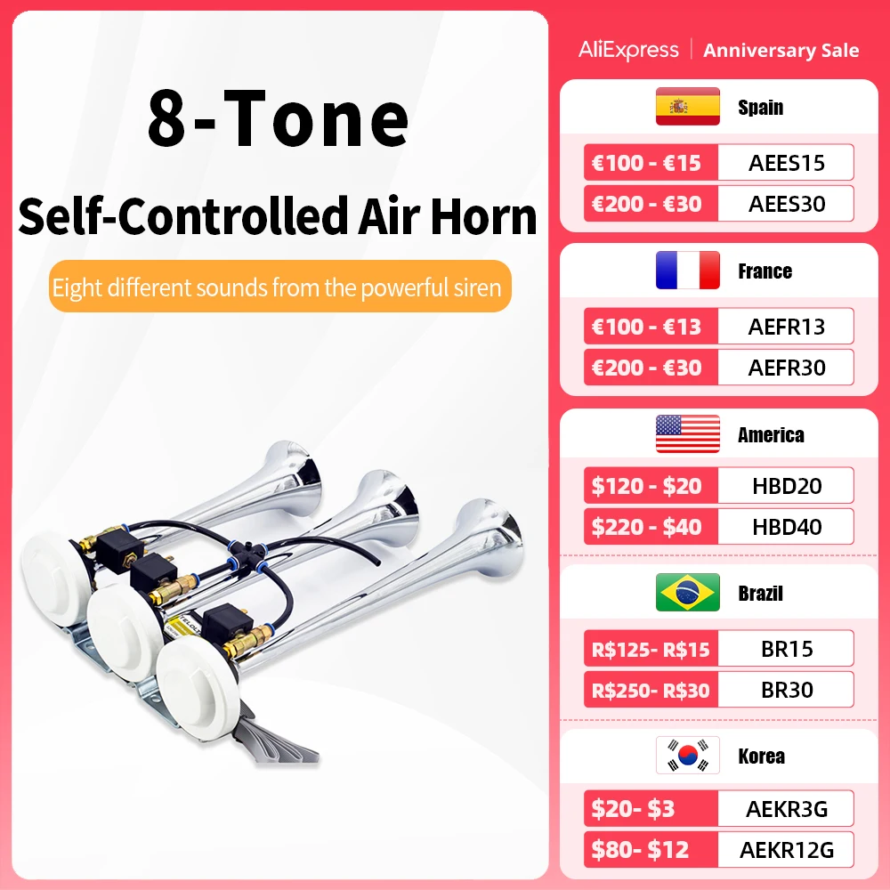 

8-Tone Self-Controlled Air Horn, Car Horn, Bright Silver Music Horn,Built-In 5 Kinds Of Horn Music 12V/24V 400Hz/500Hz/600Hz