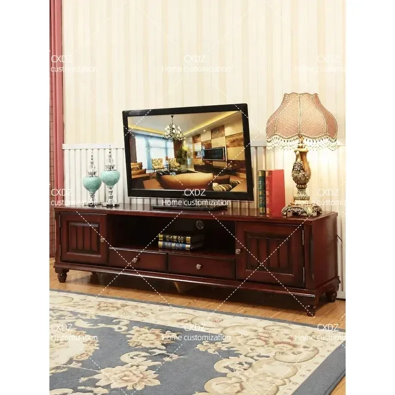 American Solid Wood TV Cabinet Chestnut Coffee Table Combination Living Room Furniture Retro Old Country Style