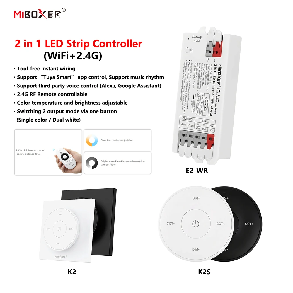 Miboxer E2-WR K2 K2S 2in1 Smart WIFI+2.4GHzRF Tuya APP Voice Control Dimmer Single color Dual color LED Strip Controller