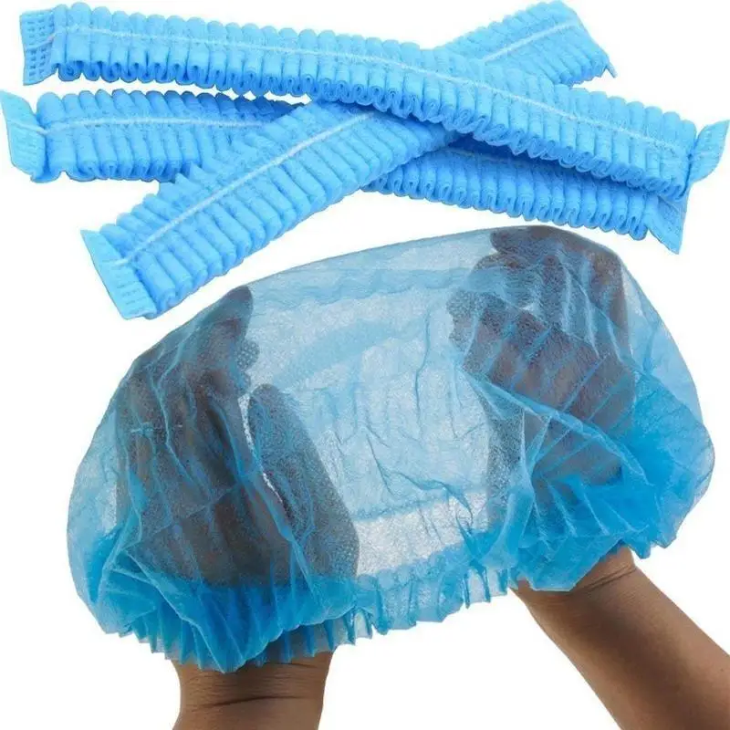 10PCS/Set Disposable Hair Shower Cap Non Woven Pleated Anti Dust Hat Hotel Salon Supplies Set Blue Color