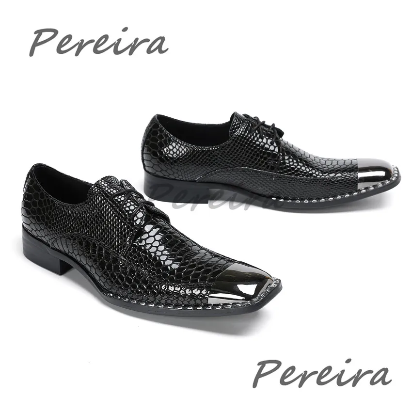 

Men's Black Snake Patterned Derby Shoes Trendy Patent Leather Metal Square Toe Lace-Up Oxfords Summer Party Business Dress Shoes