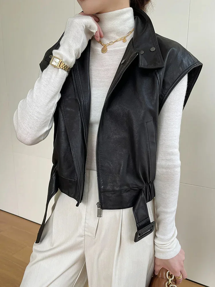 Leather Genuine Cropped Jacket Women Luxury Natural Sheep Skin Stand Collar Zipper Sleeveless Vest Locomotive Coat 2024 New