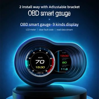 Obd2 سيارة HUD F9 Obd رئيس يصل العرض السيارات الذكية سيارة على متن الكمبيوتر مقياس السرعة الرقمي درجة الحرارة المحرك RPM إنذار