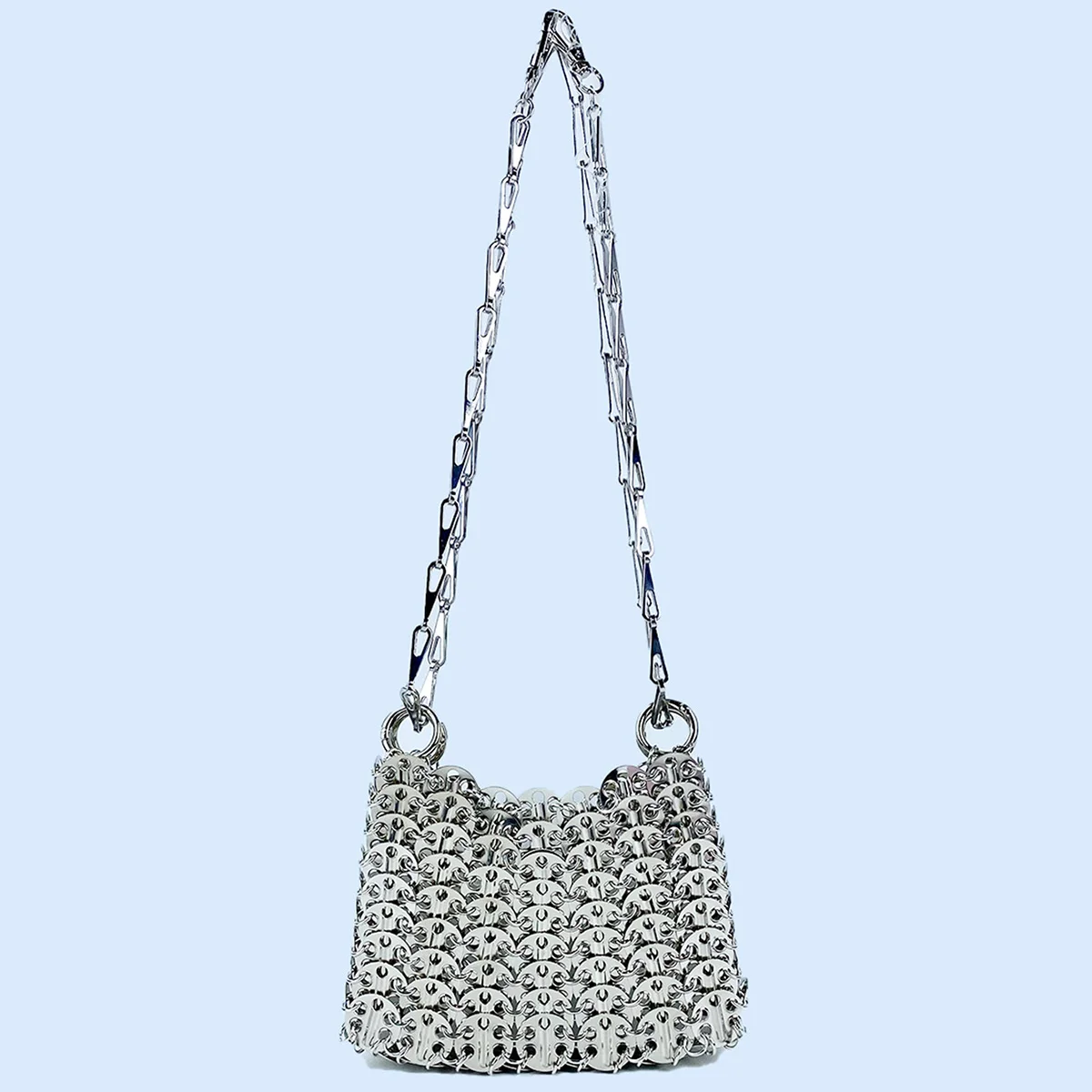 Silver Shiny Bag Handmade Woven Beaded Sequin Bag Mobile Phone Bag Long Shoulder Strap Single Shoulder Crossbody Bag for Women