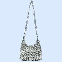 Silver Shiny Bag Handmade Woven Beaded Sequin Bag Mobile Phone Bag Long Shoulder Strap Single Shoulder Crossbody Bag for Women