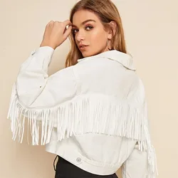 Denim Jacket Women Full Sleeve Single Breasted Turn Down Collar Coat Vintage Washed Tassels Outerwear 2024 Autumn Streetwear
