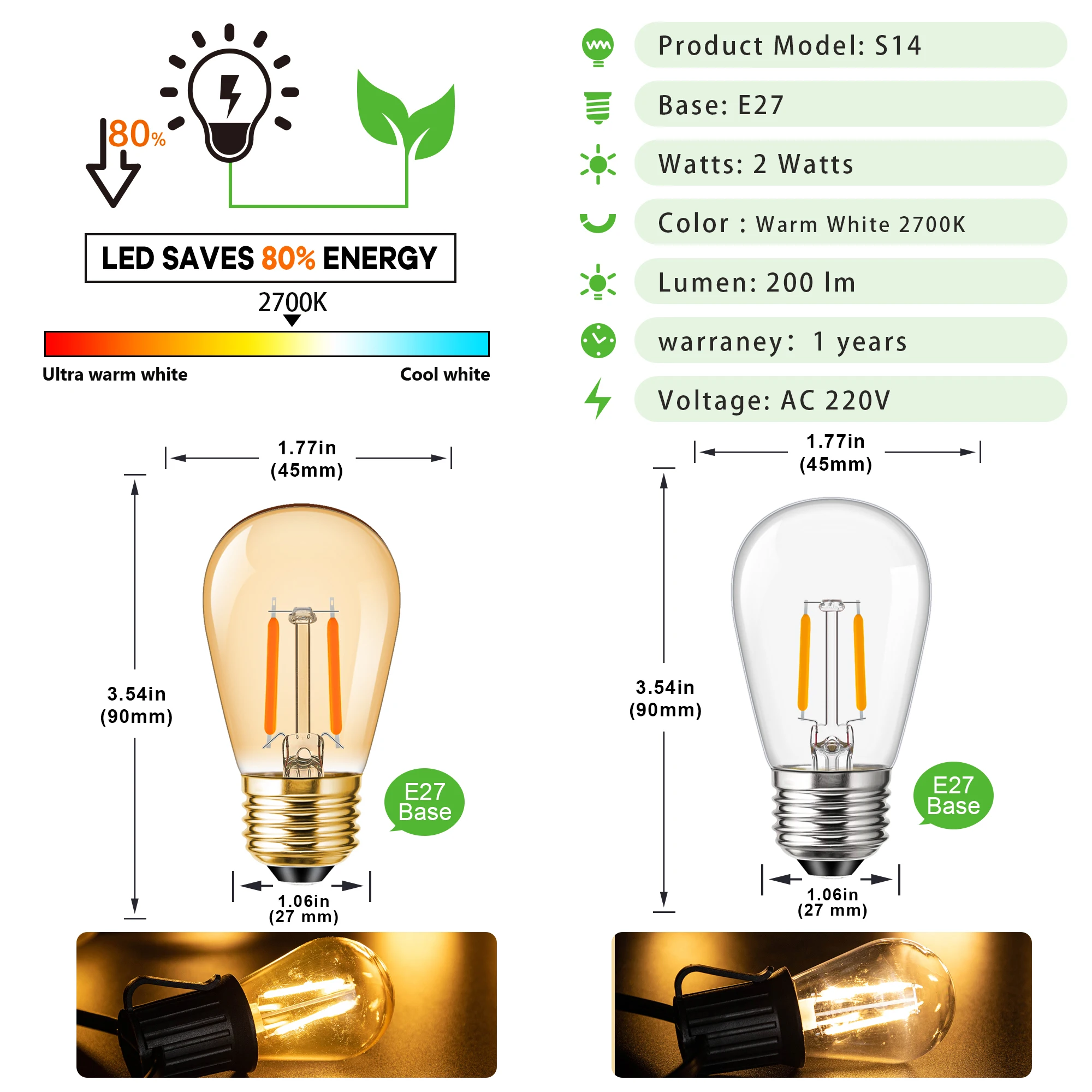 Imagem -06 - Shatterproof S14 Led Lights Guirlandas 220v 2w Branco Quente Impermeável Conectável ao ar Livre Festa Retro Decoração de Natal