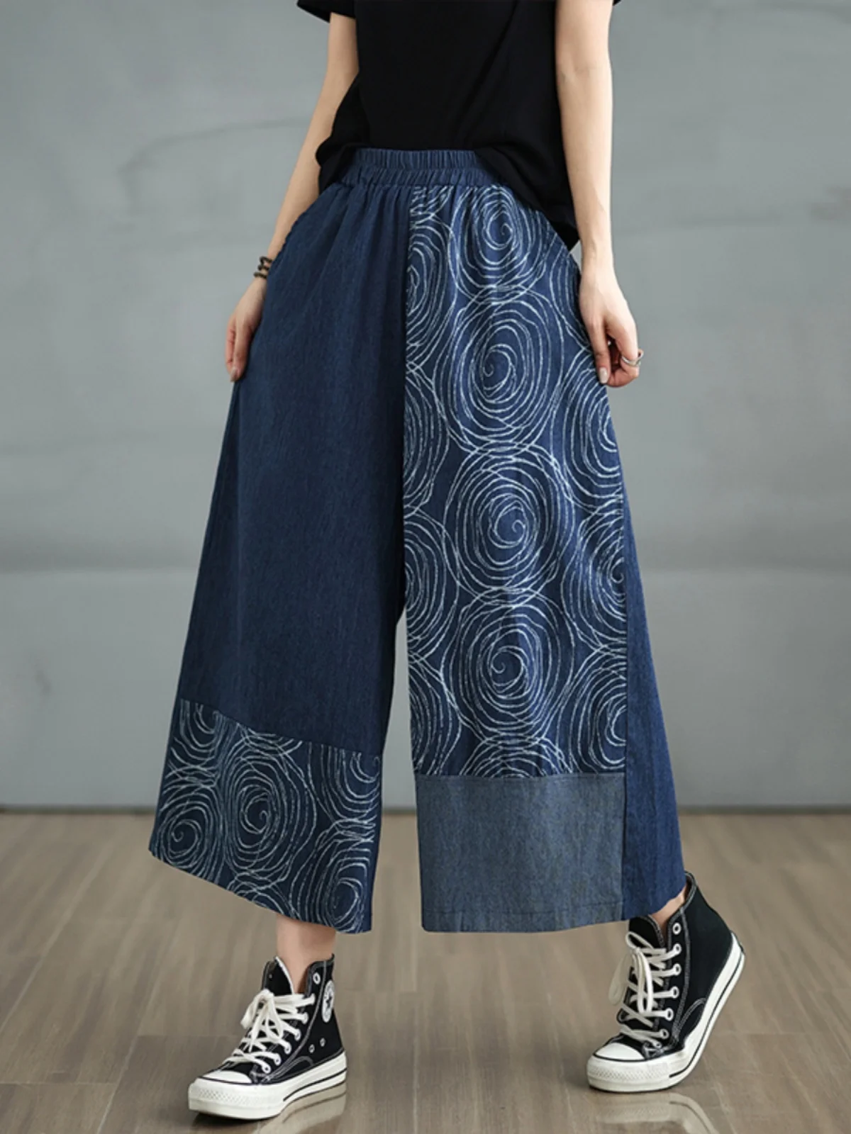 

Summer 2025 Women's Elastic Waist Loose Wide Leg Jeans Retro Spliced Elastic Denim Blue Cotton Stretch High Waist Thin Model