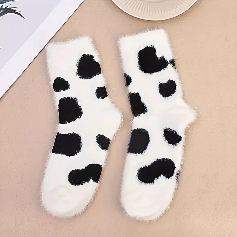 2 Double-layer Non-shedding Warm Fleece Socks, Soft and Fluffy Design, Soft and Cute Cow and Adorable Little Dinosaur Patterns, view 2