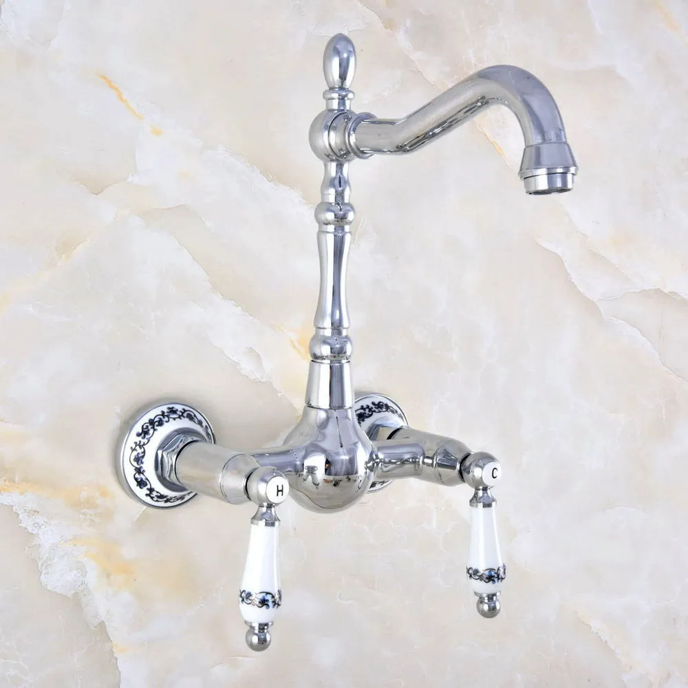 

Polished Chrome Brass Bathroom Kitchen Sink Basin Faucet Mixer Tap Swivel Spout Wall Mounted Dual Ceramic Handles tnf567