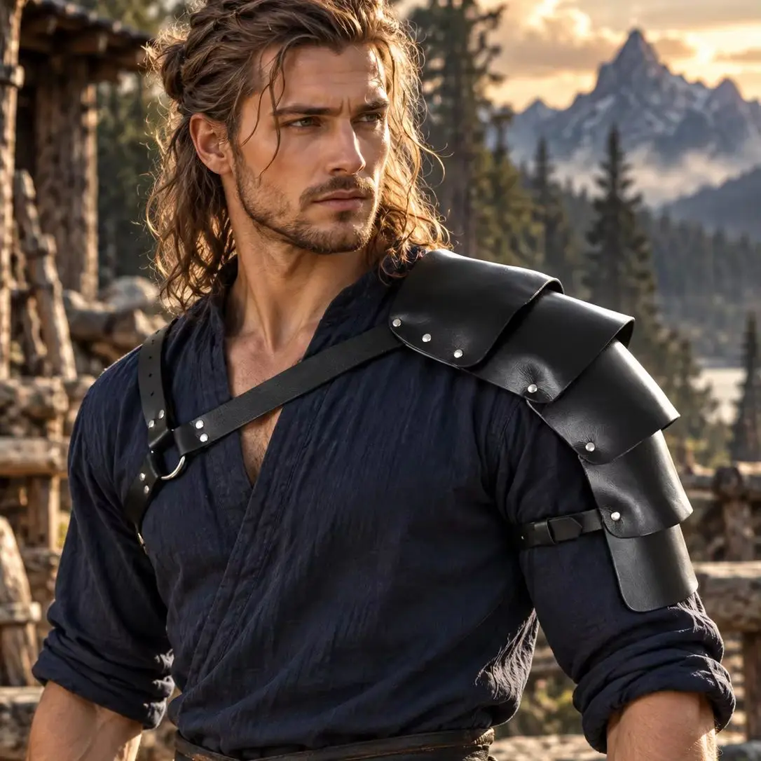 Medieval PU leather single shoulder multi-layer layered shoulder armor, Viking warrior knight role-playing costume accessory