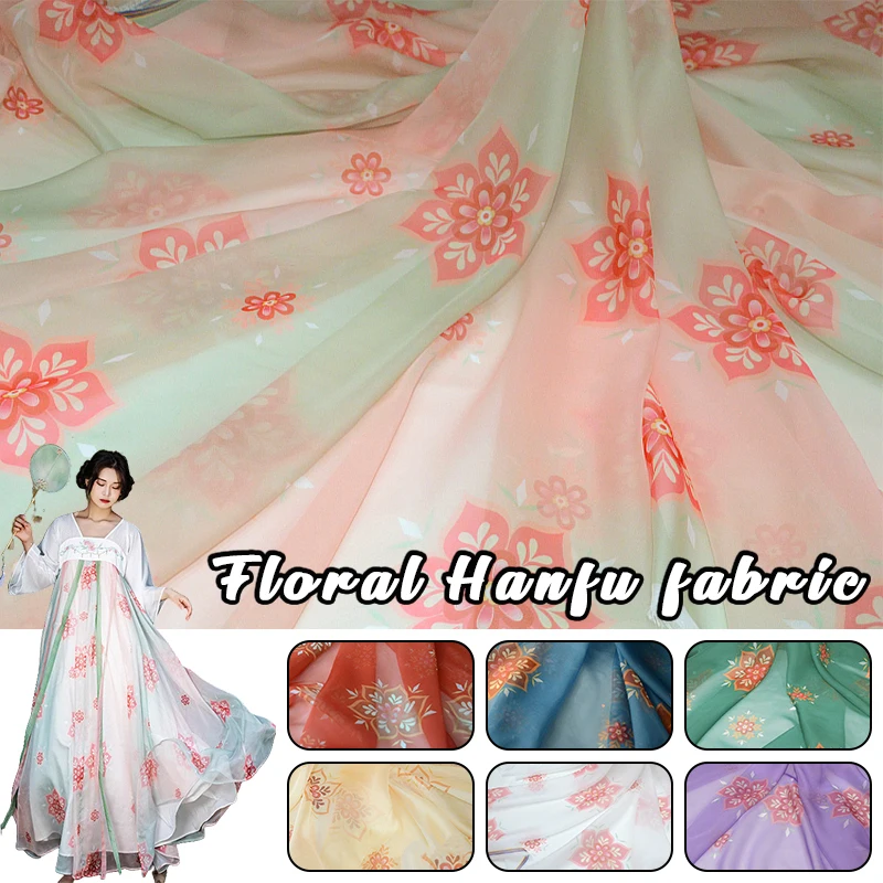 

Tang Dynasty Floral Printing Chiffon Fabric Hanfu Ancient Style Skirt DIY Sewing Classical Cloth Background Decor by the Meter