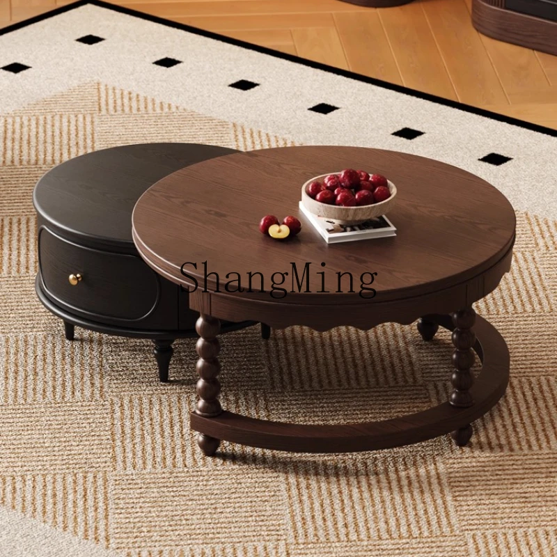 FG good-looking  red oak retro solid wood coffee table living room home combination telescopic round coffee table medieval