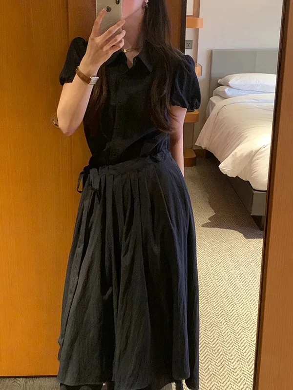 High Quali Loose Bubble Sve ort Dr irt Long Pleated Skirt Maxi Dr Commute Sle Artificial Silk Spring Dr