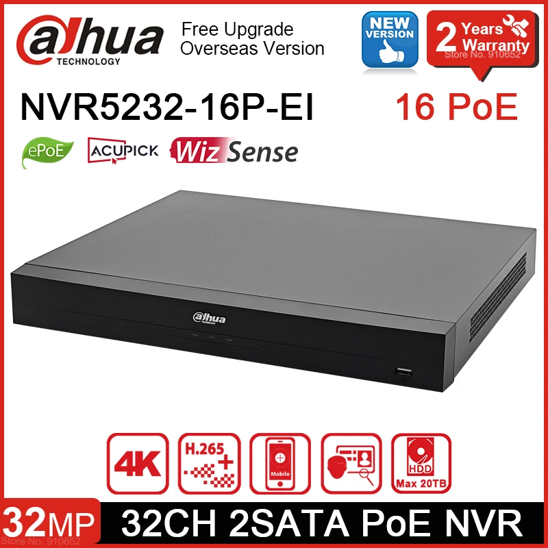 Original Dahua NVR5232-16P-EI 32CH 16PoE AI NVR 4K WizSense AcuPick Network Video Recorder support Max 32MP Resolution ePoE ANPR